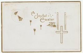 Vintage Postcard Easter Gold Bells Flowers Cross 1914 White Background - £4.68 GBP