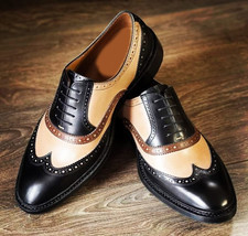 Handcrafted Black Beige Rounded Wing Tip Toe Premium Leather Oxford LaceUp Shoes - £119.89 GBP+