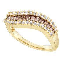 14k Yellow Gold Womens Princess Brown Color Enhanced Diamond Contoured Band - £631.92 GBP
