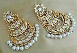 Bollywood Style Gold Plated Kundan Chandbali Long Dangle Earrings Jewelry Set  - £14.42 GBP
