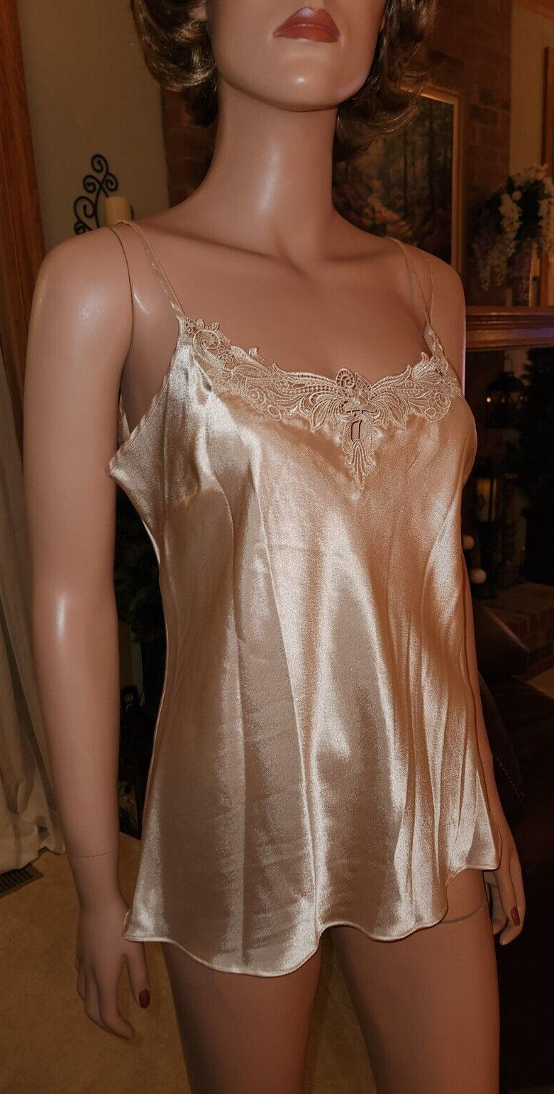 Primary image for Beautiful Shiny Satin & Lace Cabernet Taupe Beige Camisole Top Sz M NWT