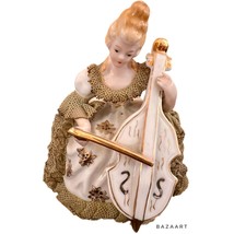 Victorian Lady Playing Cello Dresden Style Ceramic Figurine With Lace Dress - £19.66 GBP