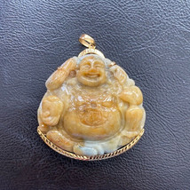 14K Solid Gold Laughing Buddha Buddist Male Carving Jade Pendant Large Heavy - £1,006.22 GBP