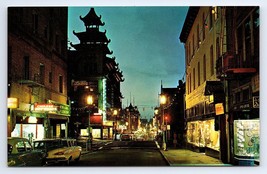 Postcard Chinatown at Night, San Francisco CA California Grant Ave 50s Cars - $3.75