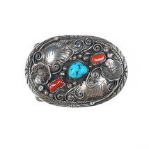 Small Vintage James Navajo silver, turquoise, and coral belt buckle - £146.16 GBP