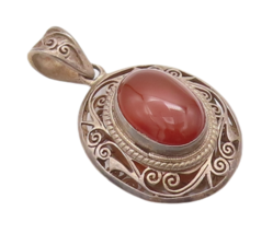 925 Sterling Silver Vintage Pendant Swirly Cutout Carved Cabochon Amber ... - £65.87 GBP