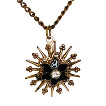 Vtg Necklace 20” Copper Tone Sunburst Black Enamel Flower Rhinestone Sta... - $18.70