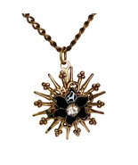 Vtg Necklace 20” Copper Tone Sunburst Black Enamel Flower Rhinestone Sta... - £14.77 GBP