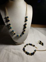 Blue Cat&#39;s Eye Jewelry Set Gold Rhinestone 19 Inch Necklace Adj 6-9 Bracelet - £27.77 GBP