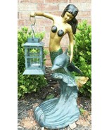 Ebros Garden Ocean Mermaid Goddess Holding Candle Lantern Aluminum Statu... - $210.94 CAD