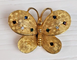 Vintage Gold tone Metal Butterfly Brooch w/ Colorful rhinestones flawed - £3.94 GBP