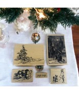 Lot of 5 Old Fashioned Christmas Winter Themed Wood Rubber Stamps New - $49.31 CAD