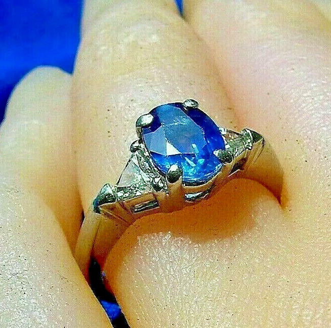 Earth mined Sapphire Diamond Deco Engagement Statement Ring Platinum Solitaire Item image 14