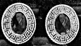 Vintage Silver-Tone Oval w/ Black? Faceted Center Clip On Earrings - $22.00