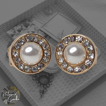 Women Gold White Round Faux Pearl Rhinestone Clip On Stud Earrings Wedding Party - £12.86 GBP