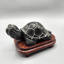 Black Hand Carved Turtle Figurine Wood Base Stone Statue Turned Head Obsidian? - £221.77 GBP