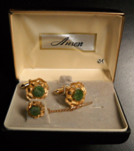 Anson Cuff Links and Tie Tack Gold Colored Wavy Surrounds Jade Centers B... - $19.99