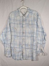 Tommy Bahama Relax Shirt XL 100% Linen White Blue Plaid Palm Trees Long Sleeve - £18.40 GBP