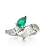 Pear Emerald Lab Created Baguette Diamond Vintage Estate Silver Ring For... - £68.88 GBP