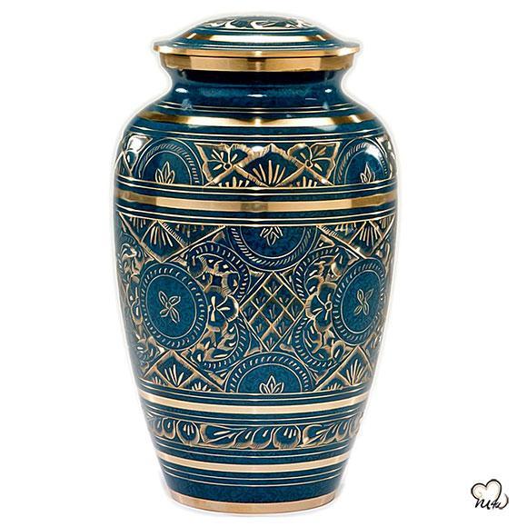 Caribbean Cremation Urn in Blue, Adult Brass & Metal Urn for Ashes