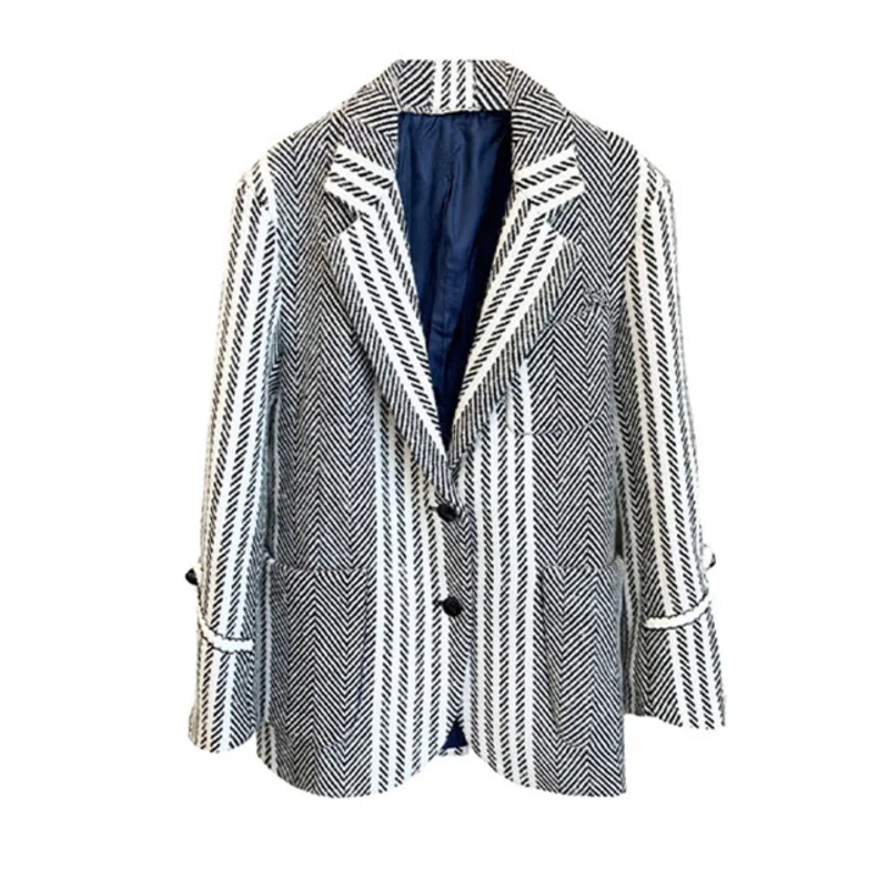 DEAT  Women&#39;s Blazer  Notched Loose Stripe Color Matching Woven Single B... - £195.93 GBP