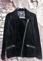 Dennis Basso -Sz Large - Rich Black Chic 100% Suede Leather Moto Zip Jacket Coat - £83.31 GBP