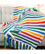 Vintage Rainbow Fringe Afghan lap Throw Blanket Hand Knitted stripes 36x84 - $32.80 CAD