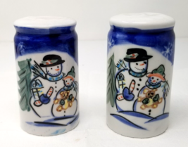 Snowman Salt Pepper Shakers Husband Wife Ceramic Candy Cane Teddy Bears Vtg - £11.57 GBP