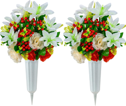 Cemetery Flowers, Set of 2 Artificial Flowers Bouquet Grave Memorial Flowers wit - £29.26 GBP