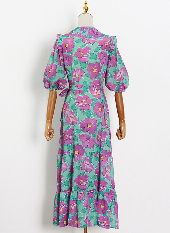 Women's Designer Puffy Sleeve Ruffled V-neck Floral Print Wrap Dress AUS STOCK Item image 3