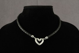 Modern Costume Jewelry Black Leather Braided Silver Tone Heart Pendant Necklace - £19.60 GBP