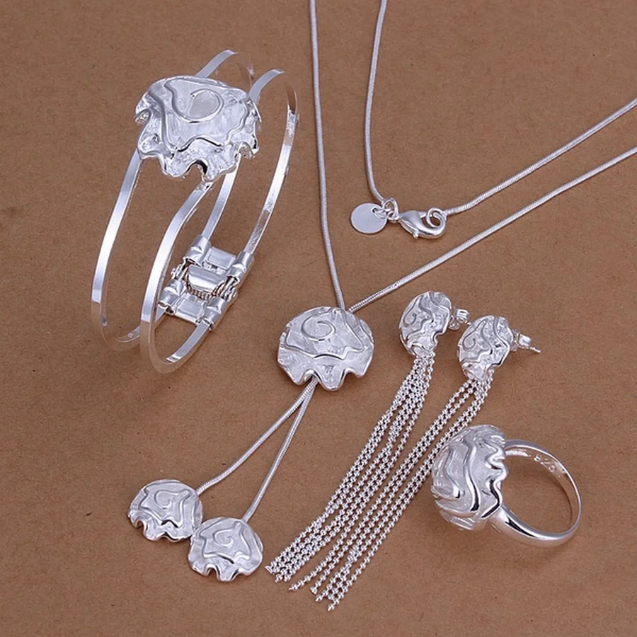 wedding 925 silver color jewelry female noble roses ring necklace bracel... - £13.60 GBP