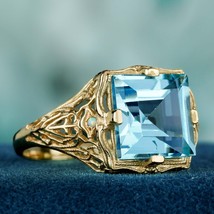 Natural Square Blue Topaz Vintage Style Filigree Ring in Solid 9K Gold - £439.09 GBP