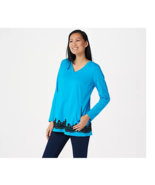 Linea by Louis Dell&#39;Olio V-Neck Long Sleeve Top with Lace Applique Seapo... - $305.44 MXN