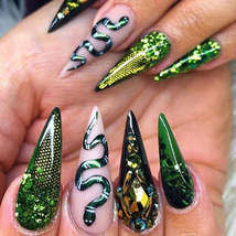 Long Stiletto False Nails Green Glitter Glue on Nails with Snake and Rhi... - $15.00