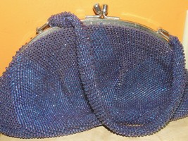 Vintage Beaded Purse w Rhinestone Clasp Silk Lined crocheted blue iridescent - £53.94 GBP