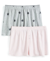 Womens Pajama Boxer Shorts 2 Pc Set Grey Stars Pink Stripes Medium JENNI $39-NWT - £7.16 GBP