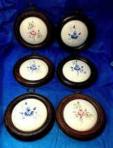 lot of 6 vintage wall plaques hand painted blue and pink roses over porc... - £14.38 GBP