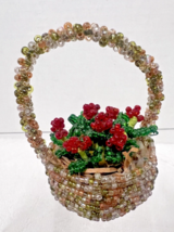 Vintage Hand Beaded Basket w Red Flowers Green Leaves Glass &amp; Wire 2.5 inch - $488.71 MXN