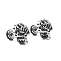 Mens Unisex Punk Gothic Silver Skull Skeleton Stud Earrings Stainless Steel 2Pcs - £5.58 GBP