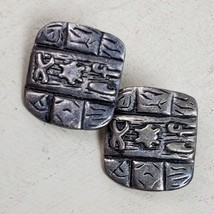 Vintage Style Estate Clip STATEMENT Earrings Dark Gray Etched 1&quot; Square ... - $12.65