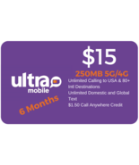 Ultra Mobile $15 Plan 250MB 5G/4G LTE Data UNLIMITED CALL+TEXT 6 MONTH SIM - £58.98 GBP
