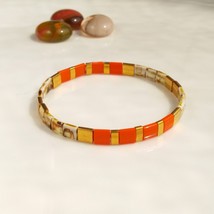 Orange beige gold tila bracelet,cream stacking motteled bracelet,tile stackable  - £16.55 GBP