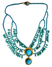 TURQUOISE /Brass Sun BEADED MULTI STRAND ART DECO NECKLACE EGYPTIAN REVIVAL - $114.94