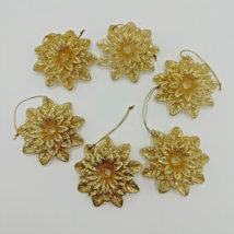 6 Piece Lot Set Of Gold Glitter Poinsettia Christmas Ornaments 3” - £19.93 GBP