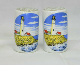 Vintage Set Of White Porcelain With Lighthouse Scene Salt &amp; Pepper Shakers - $12.95