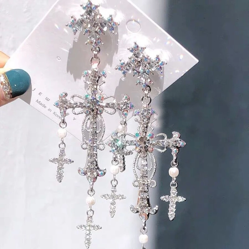 Korean New Trendy  Palace Style Silver Color Crystal Pearl Cross Dangle Earrings - £7.66 GBP
