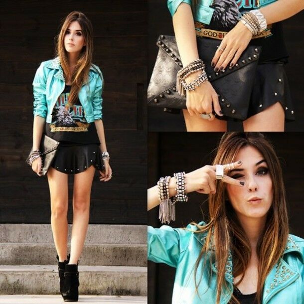 Women Sky Blue Color Biker Vintage Leather Gold Studded Slim Fit Cropped Jacket