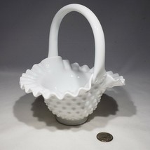 Fenton White Milk Glass Hobnail Ruffled Edge Basket Handled Footed 7&quot; x 8&quot; - $22.95