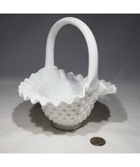 Fenton White Milk Glass Hobnail Ruffled Edge Basket Handled Footed 7&quot; x 8&quot; - £18.00 GBP